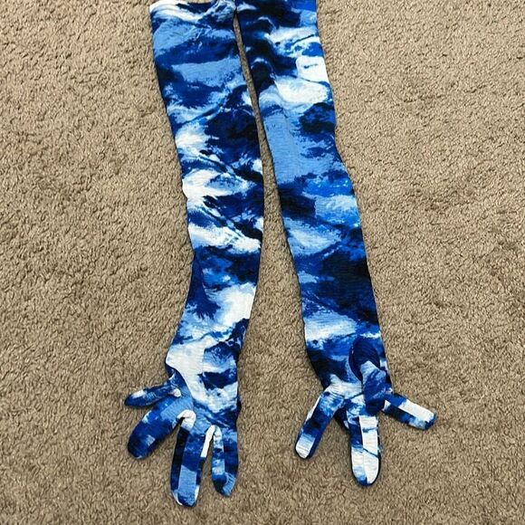 Miscreants US 10 UK14 Ruched Cupid Mini Dress And Gloves Blue Marble Swirl Party - Picture 3 of 11